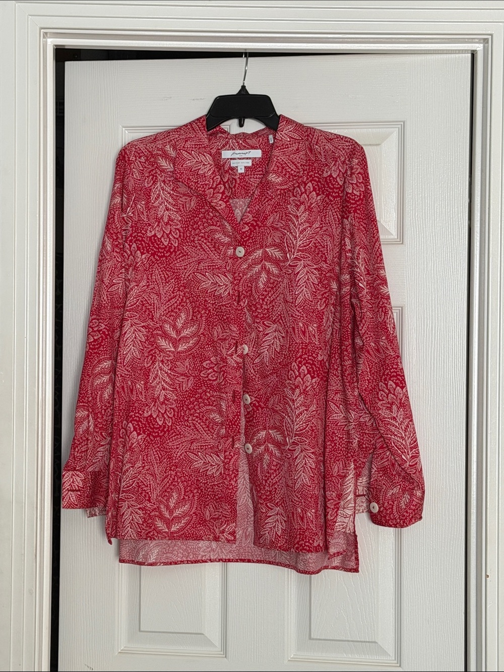 Foxcroft Red Botanical-Print Button Front no-iron Blouse